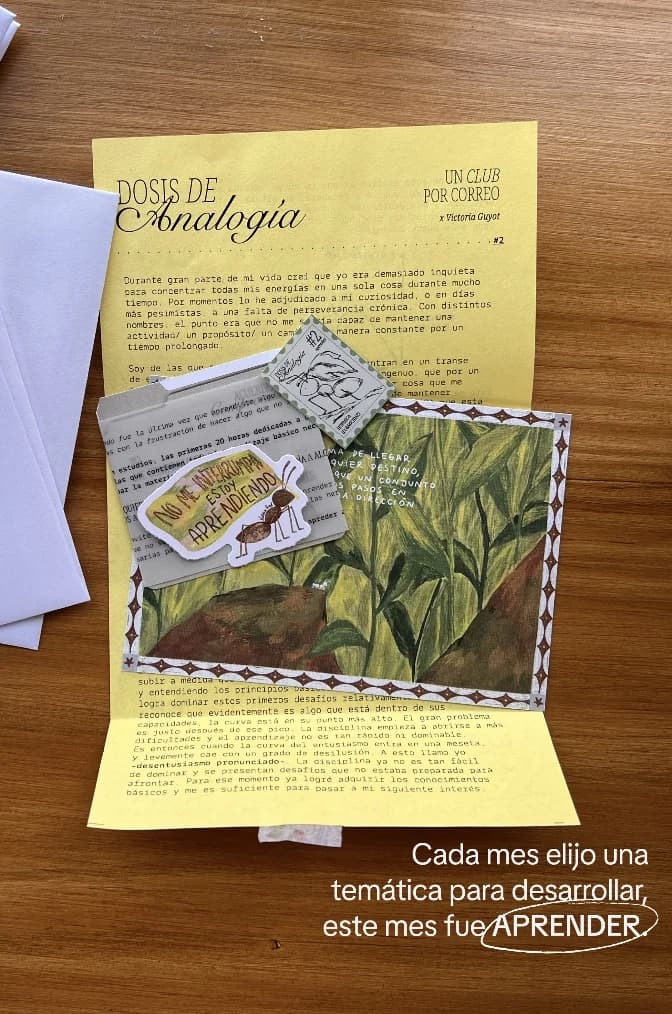 La carta amarilla de la edición abierta sobre la mesa, con la postal del maizal, el sticker de la hormiga y la estampilla.